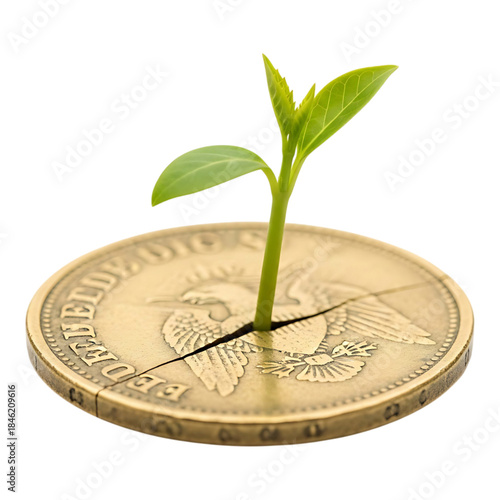 Young green plant growing from coin isolated on white background symbolizing financial growth and investment success