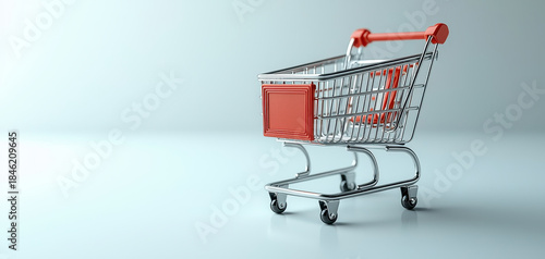 Red shopping cart isolated on clean background with copy space. Retail and ecommerce visual for online shopping, consumer behavior, marketing and business use.
