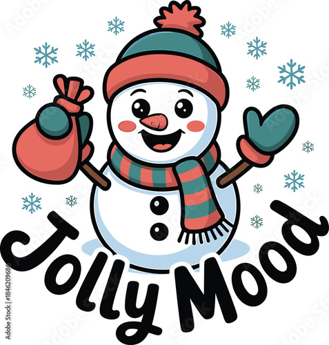 Snowman with scarf and hat surrounded by snowflakes Christmas holiday