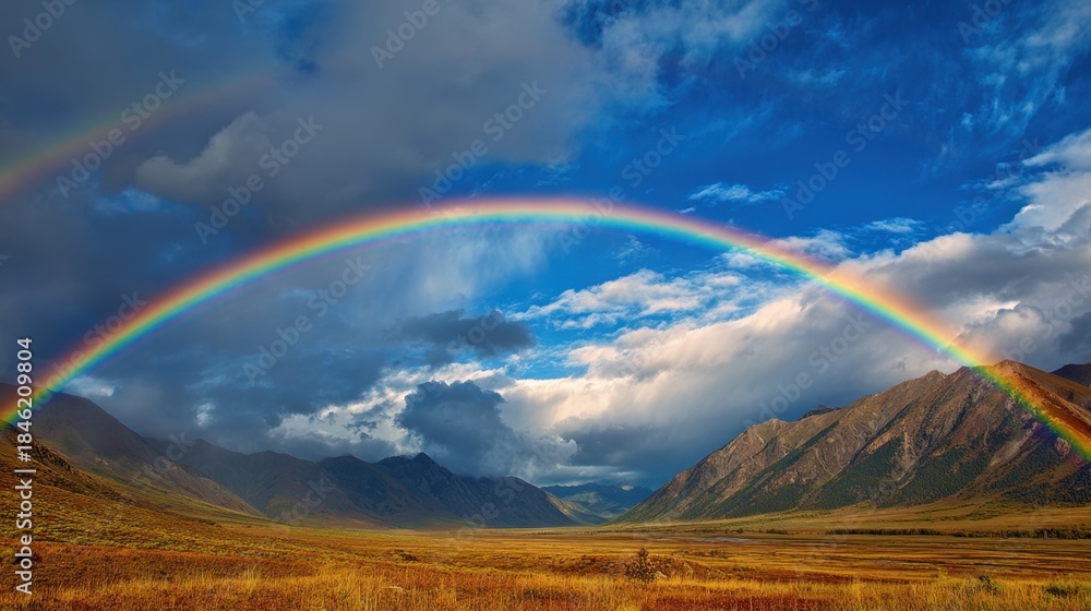 Fototapeta premium A stunning rainbow curves gracefully across a valley reflecting vibrant colors as sunlight breaks through clouds.