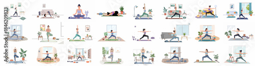 Flat vector illustration set of young women performing various yoga poses indoors, promoting home fitness, balance, and mindful lifestyle.