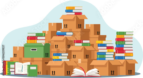 Illustration of numerous cardboard boxes stacked high, filled with books and various office supplies, suggesting a move or storage scenario