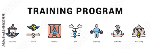 Training Program Modern and clean web banner illustration featuring thematic icons for visual communication