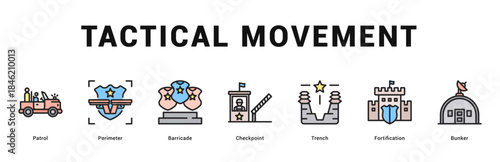 Tactical Movement Modern and clean web banner illustration featuring thematic icons for visual communication