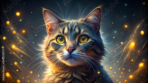 A Majestic Feline Portrait Enveloped in Glowing Stardust, a Captivating Image of Mystical Beauty
