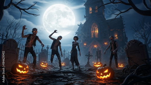 Spooky Halloween Scene: In a moonlit graveyard, zombies emerge from the shadows. Carved pumpkins cast an eerie glow as they amble amidst the tombstones and a haunted house looms in the background.