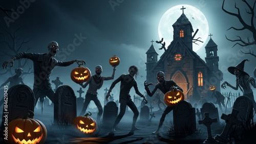 Spooky Halloween Scene: A chilling Halloween night unfolds, featuring zombies, pumpkin, and graveyard. The moon casts an eerie glow over a haunted church. 
