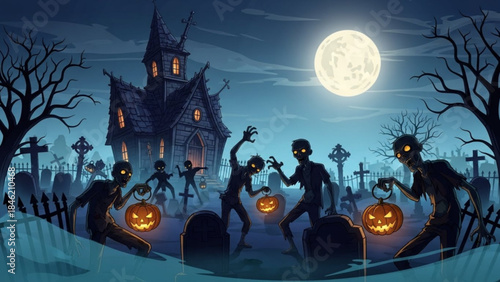 Spooky Halloween Night:  A chilling Halloween night scene unfolds featuring zombies, ominous haunted house, and a full moon illuminating a graveyard, setting a scary mood. 