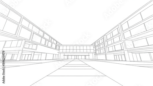 Architectural building interior with staircase and windows, line drawing for design and planning