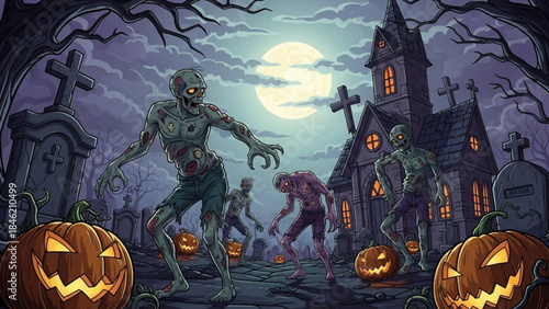Creepy Halloween Night: An eerie scene unfolds as the undead rise from their graves, while glowing jack-o'-lanterns add a touch of Halloween mischief and darkness.