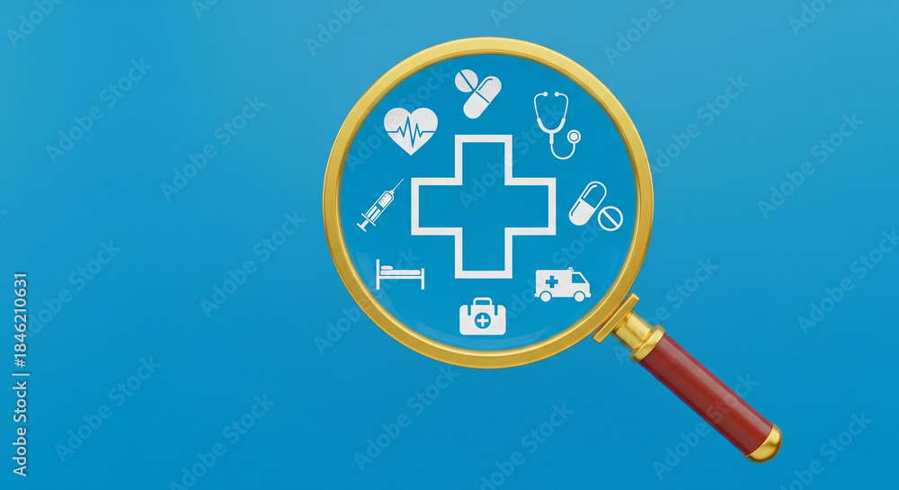 Obraz premium Magnifying glass over medical icons and symbols, representing healthcare research and analysis