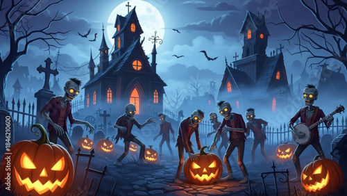 Spooky Halloween Scene: In a moonlit town, a chilling Halloween scene unfolds with eerie structures, carving pumpkin, and the undead roaming amidst a graveyard under the spooky silhouette.