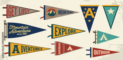 Collection of vintage pennant flags featuring outdoor adventure and exploration themes like mountains and exploration