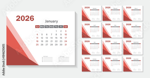 2026 calendar template. Corporate and business planner diary. 12 months calendar in minimal lay out clip art collection