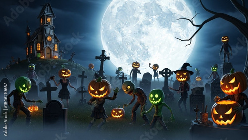 Haunted Graveyard: A chilling, yet captivating scene unfolds in a graveyard under the moonlight. The atmosphere is filled with a sense of playful spookiness and celebration.