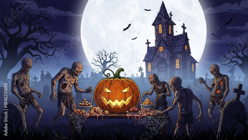 Halloween Night Gathering: On a spooky Halloween night, a festive carved pumpkin takes center stage, encircled by zombies and a haunted house silhouetted against a luminous full moon.