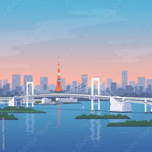 Tokyo Cityscape at Dusk: A vibrant illustration showcasing the captivating skyline of tokyo at dusk, with the iconic rainbow bridge and tower, water, creating a stunning visual narrative.
