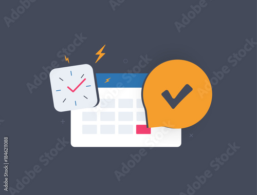 Deadline time management - task scheduling productivity. Planning efficiency calendar with reminder alarm clock. Deadline management tool project workflow tracking meeting goals. Vector illustration
