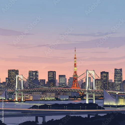 Tokyo Metropolis Sunset: A panoramic view of Tokyo's iconic skyline and bridge set against a serene dusk sky. Buildings of metropolis and architecture in twilight glow