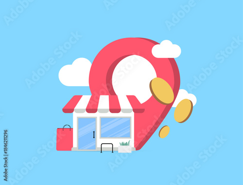 Location based shopping - hyperlocal marketing strategy concept. Map pins stores location support navigation targeted deals shaping 2026 retail trends, data driven mobile commerce growth illustration