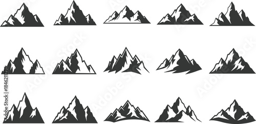 Dynamic collection of stylized mountain peak illustrations, presented as crisp monochrome vector graphics, ideal for adventure branding, outdoor logos, and majestic nature-themed design applications
