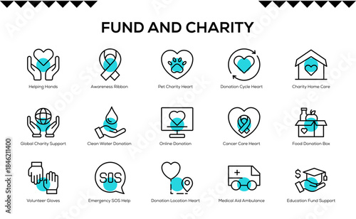 Meaningful Fund and Charity icon collection for donations, nonprofit support, social causes and humanitarian campaigns