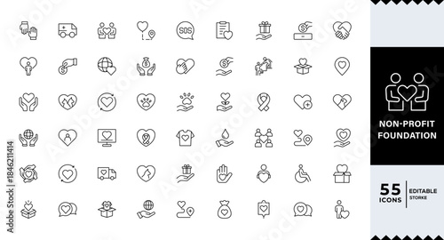 Pixel Perfect, Non-profit foundation ,Fund & Charity line editable icon set.Donate, charity, solidarity, trust, social care, community, helping hands, partnership,Pictogram and infographic.