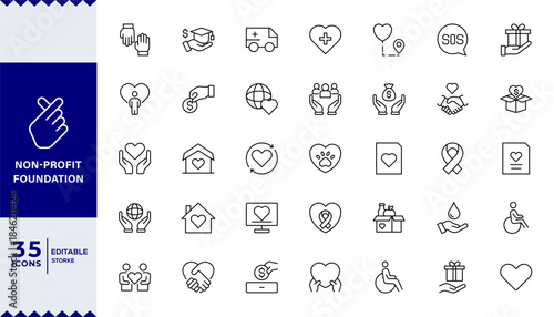 Pixel Perfect, Non-profit foundation ,Fund & Charity line editable icon set.Donate, charity, solidarity, trust, social care, community, helping hands, partnership,Pictogram and infographic.