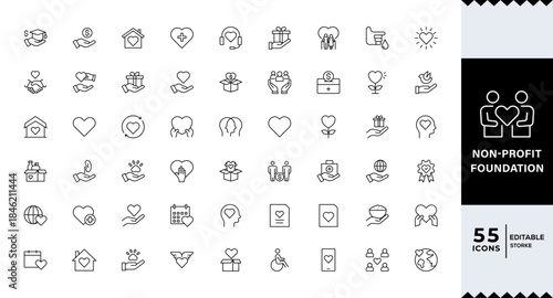 Pixel Perfect, Non-profit foundation ,Fund & Charity line editable icon set.Donate, charity, solidarity, trust, social care, community, helping hands, partnership,Pictogram and infographic.