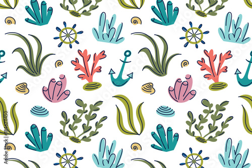 Flat cartoon vector illustration of colorful sea bottom pattern with algae, corals, anchor and shells, bright kids style, playful mood, seamless design for children prints, ocean marine life