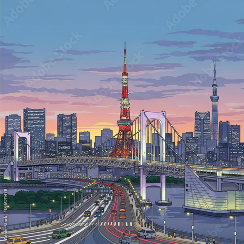 Tokyo Cityscape at Dusk: A vibrant illustration showcasing the majestic Tokyo Tower and the iconic Rainbow Bridge amidst a bustling cityscape at twilight.