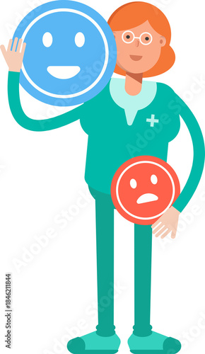 Female Doctor Character and Emoticon Sign
