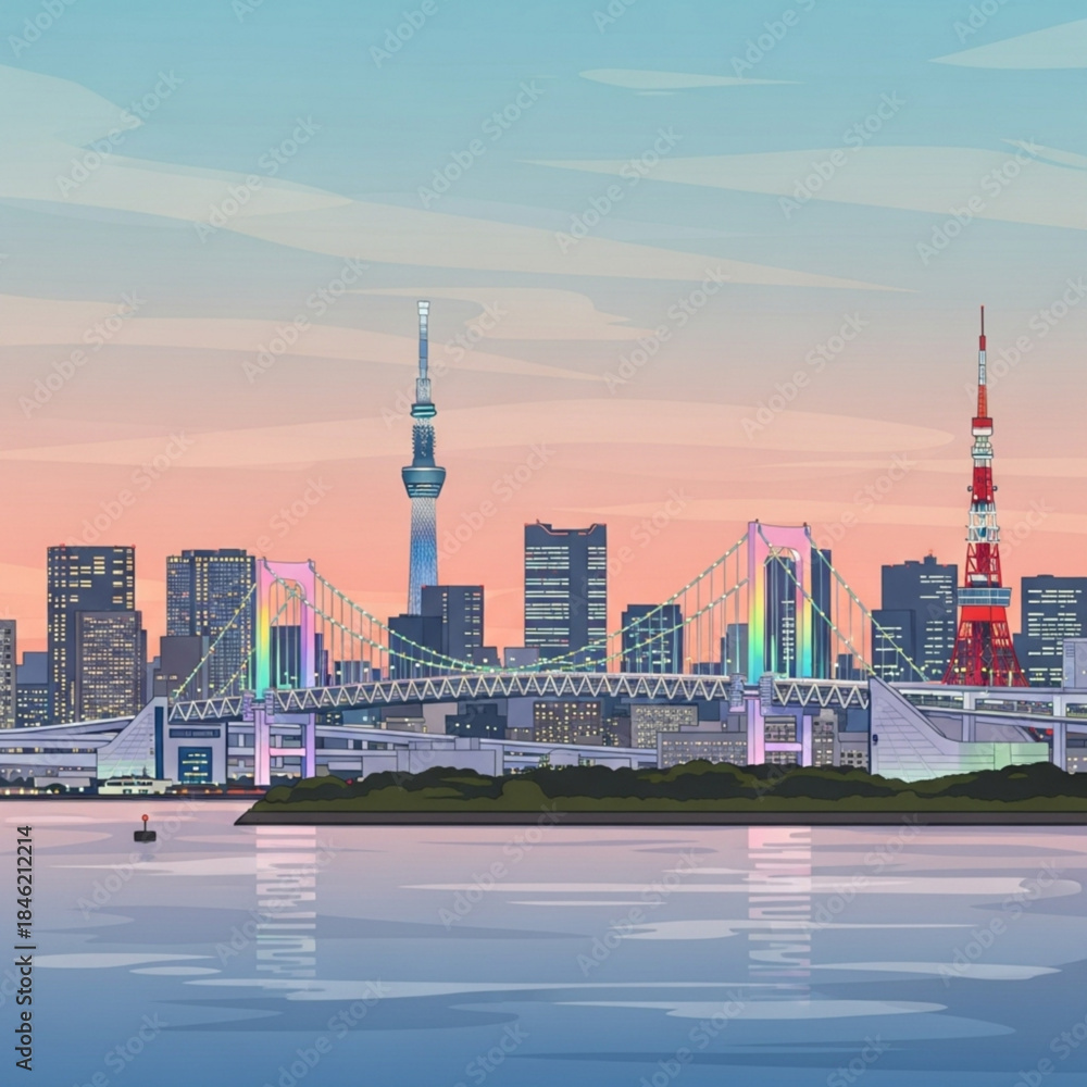 Naklejka premium Tokyo's Skyline at Dusk: A vibrant illustration showcasing the majestic Tokyo skyline at dusk, with iconic landmarks and stunning cityscape reflecting in the tranquil waters below. 