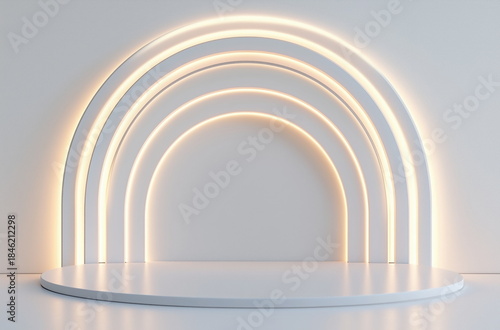A minimalist white stage with glowing concentric arches in warm light, creating a modern and elegant product display backdrop