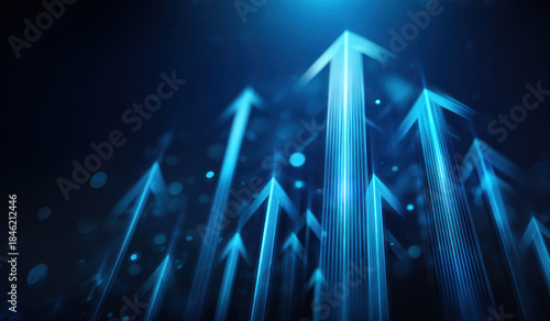 Blue glowing arrows rising on digital background conveying growth, success, technology and upward momentum with bokeh light and futuristic lines