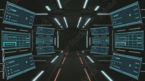 Futuristic control room with multiple monitor screens and blue neon lights, cyberpunk concept for tech and innovation
