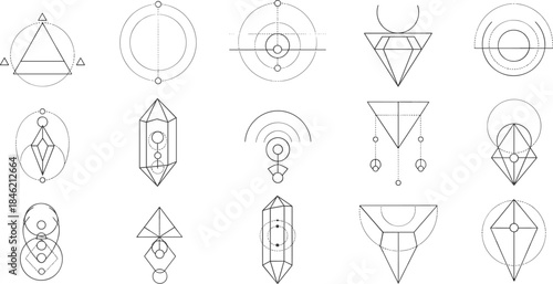 Elegant sacred geometry illustrations a diverse set of abstract mystical symbols, including crystalline structures, celestial elements, and alchemical emblems for spiritual and modern design projects