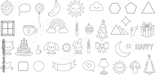 A collection of various black and white line drawings of objects and symbols Hand drawn Doodle