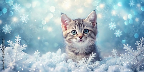 A Winter Wonderland Kitten An Adorable Fluffy Tabby in Snowy Scene with Sparkling Festive Lights and Delicate Snowflakes