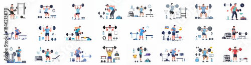 Vector illustrations of men doing strength training workouts at the gym, featuring exercises like squats, presses, and curls with weights and fitness equipment.