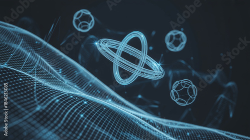 Futuristic technology background with glowing blue atoms and molecular structures, dark space