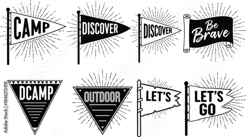 Vector collection of vintage monochrome flags and banners with sunbursts, featuring adventurous and motivational messages for outdoor exploration, camping, and travel themes