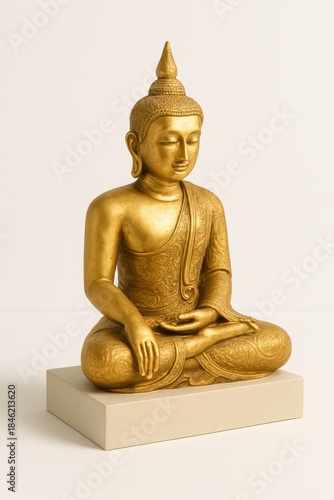 Single seated burmese buddha statue in traditional golden finish on light pedestal against white background spiritual sculpture decor for religion culture and meditation themes