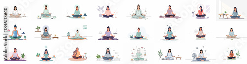 Collection of diverse women meditating in a peaceful home environment, practicing yoga, mindfulness, and relaxation techniques with calming accessories.