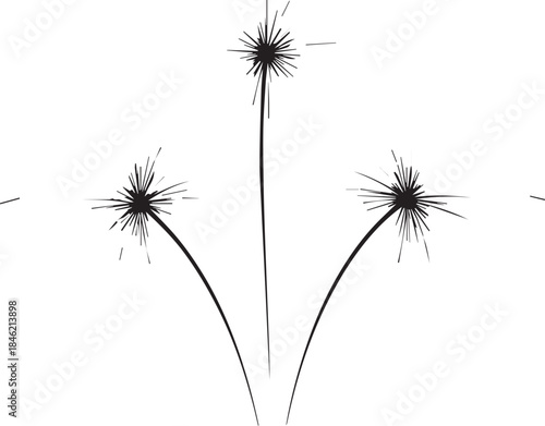 Three abstract dandelion seed heads exploding against a white background