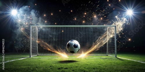 Dynamic Soccer Ball Exploding Through Goal Net with Sparkling Light Trails and Stadium Lights