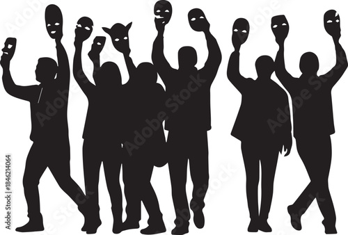 Group of people holding up masks in silhouette against a white background