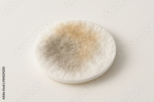 Single used cotton pad lying flat on smooth white surface with visible gray and beige makeup oil and grime marks skincare cleansing and hygiene concept design