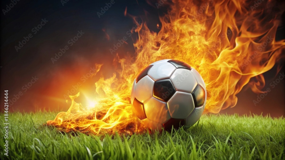 Fototapeta premium Fiery Soccer Ball on Green Field An Image of Intense Passion and Competition