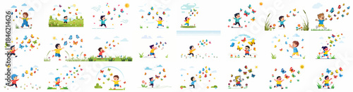 A collection of cheerful vector illustrations showing happy children running and playing outdoors, surrounded by colorful flying butterflies on a sunny day.